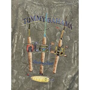 Tommy Bahama L Silk Shirt Casting Call Embroidery Back Green Hawaiian Fishing